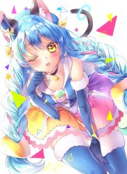 1girl, :p, animal ear fluff, animal ears, blue hair, blue legwear, blush, braid, breasts, cat ears, cat tail, cleavage, collar, commentary request, cure cosmo, detached sleeves, gloves, hair ornament, highres, long hair, looking at viewer, one eye closed, pleated skirt, precure, shiny, shiny hair, skirt, sleeveless, sleeveless jacket, small breasts, solo, star twinkle precure, tail, thighhighs, thighs, tongue, tongue out, touki matsuri, twin braids, twintails, yellow eyes, yellow skirt, yuni (precure)