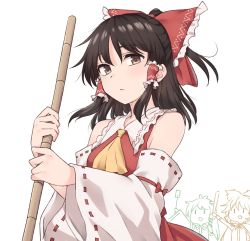 Rule 34 | 3girls, :/, :d, ascot, bamboo broom, bare shoulders, black hair, bow, broom, brown eyes, chibi, chibi inset, commentary, detached sleeves, frilled bow, frills, hair bow, hair tubes, hakurei reimu, highres, japanese clothes, kochiya sanae, large bow, long hair, long sleeves, looking at viewer, miko, miyo (ranthath), multiple girls, name connection, open mouth, red bow, simple background, smile, solo focus, touhou, toyosatomimi no miko, white background, wide sleeves, yellow ascot, | |