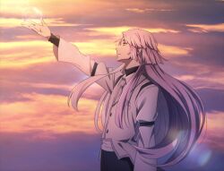 Rule 34 | 1boy, bungou stray dogs, cloud, cloudy sky, highres, long hair, long sleeves, mari (marimaripink), necktie, outdoors, outstretched arm, pocket, purple hair, shirt, sigma (bungou stray dogs), sky, solo, sunset, upper body, white necktie, white shirt
