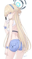 Rule 34 | 1girl, ass, back, bare shoulders, blonde hair, blue archive, blue eyes, braid, breasts, cellphone, dan (kumadan), hairband, highres, long hair, looking at viewer, looking back, medium breasts, phone, short shorts, shorts, solo, toki (blue archive)