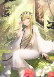 Rule 34 | 1other, absurdres, androgynous, blurry, blurry foreground, blush, chihuri, closed mouth, collarbone, commentary request, dappled sunlight, day, depth of field, enkidu (fate), fate/strange fake, fate (series), fingernails, flower, forest, grass, green eyes, green hair, hair between eyes, hand up, highres, long hair, long sleeves, nature, on grass, outdoors, red flower, robe, sitting, smile, solo, sunlight, tree, very long hair, white flower, white robe, wide sleeves