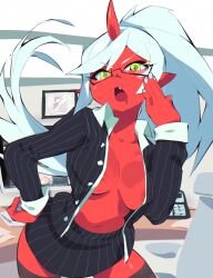 Rule 34 | 1girl, aetherion, areola slip, black skirt, black thighhighs, blue nails, breasts, fang, glasses, green eyes, highres, horns, jacket, kneesocks (psg), long hair, long sleeves, medium breasts, nail polish, no bra, office, office lady, oni, oni horns, open clothes, open mouth, open shirt, panty &amp; stocking with garterbelt, pointy ears, ponytail, shirt, single horn, skirt, striped clothes, striped jacket, striped skirt, thighhighs, vertical-striped clothes, vertical-striped skirt, white hair, white shirt