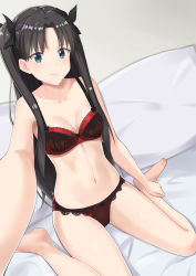 Rule 34 | 1girl, absurdres, barefoot, bed sheet, black bow, black hair, blue eyes, blurry, bow, bra, breasts, cleavage, closed mouth, collarbone, depth of field, fate/stay night, fate (series), grey background, groin, hair bow, hair intakes, highres, k-ya., long hair, looking at viewer, medium breasts, navel, panties, pillow, red bra, red panties, selfie, simple background, sitting, smile, solo, tohsaka rin, twintails, underwear, underwear only, very long hair, wariza