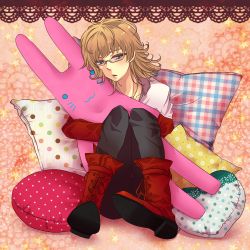 Rule 34 | 10s, 1boy, bad id, bad pixiv id, barnaby brooks jr., blonde hair, boots, border, doily, full body, glasses, green eyes, highres, jacket, jewelry, lace, lace border, male focus, mary-nana, necklace, ornate border, pillow, red jacket, solo, stuffed animal, stuffed rabbit, stuffed toy, tiger &amp; bunny
