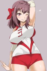 Rule 34 | 10s, 1girl, :q, arm up, armpits, artist request, blush, breasts, brown eyes, brown hair, collarbone, covered erect nipples, elbow pads, girls und panzer, headband, highres, kondou taeko, large breasts, one eye closed, red shorts, shirt, short hair, short shorts, shorts, simple background, sleeveless, sleeveless shirt, smile, solo, sportswear, tongue, tongue out, volleyball uniform
