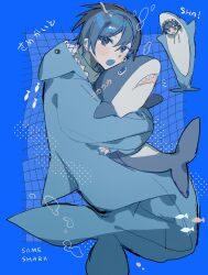 Rule 34 | 1boy, :o, animal costume, animal hood, blue background, blue eyes, blue hair, blue nails, blue tongue, bubble, colored tongue, english text, fins, fish, fish tail, grid background, highres, holding, holding stuffed toy, hood, ikea shark, kaito (vocaloid), long sleeves, male focus, nidu (2du du), open mouth, shark, shark costume, shark hood, shark tail, sharp teeth, short hair, stuffed animal, stuffed shark, stuffed toy, tail, teeth, vocaloid