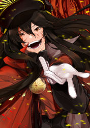 Rule 34 | 1girl, black hair, black hat, blood, blood on face, cape, commentary request, emblem, fangs, fate/grand order, fate (series), gloves, hair between eyes, hat, idoke kaeru, long hair, looking at viewer, military hat, oda nobunaga (fate), oda nobunaga (koha-ace), open mouth, orange eyes, outstretched hand, peaked cap, red cape, solo, white gloves
