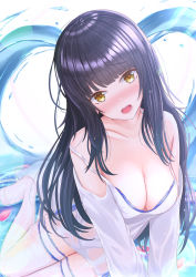 Rule 34 | 1girl, bad id, bad pixiv id, bare shoulders, black hair, blunt bangs, blush, breasts, cleavage, collarbone, dress, highres, inaka 44, large breasts, long hair, looking at viewer, open mouth, original, shirt, sitting, solo, thighhighs, thighs, water, wet, wet clothes, wet shirt, white thighhighs, yellow eyes, yokozuwari