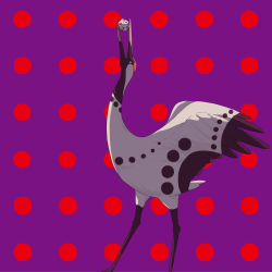 Rule 34 | absurdres, animal focus, avogado6, bird, crane (animal), dice, from side, highres, mouth hold, no humans, original, polka dot, polka dot background, purple background, spread wings