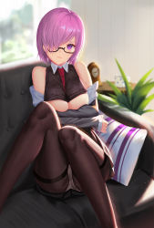 Rule 34 | 1girl, arms under breasts, bare shoulders, black dress, blush, breasts, clothes lift, couch, day, dress, dress lift, fate/grand order, fate (series), glasses, hair over one eye, highres, indoors, jacket, knees up, large breasts, mash kyrielight, off shoulder, on couch, open clothes, open jacket, panties, panties under pantyhose, pantyhose, pink hair, purple eyes, purple hair, sansan (dongfangzhong111), short hair, solo, underboob, underwear, upskirt