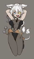 Rule 34 | 1girl, alternate costume, animal ears, arms behind head, belt, blue eyes, bola (weapon), breasts, cat ears, cat girl, collar, covered erect nipples, eyepatch, fang, female focus, flat color, full body, genderswap, genderswap (mtf), highres, kittysuit, large breasts, league of legends, leotard, lion tail, mogijabgo, nontraditional playboy bunny, open mouth, pantyhose, playboy bunny, ponytail, rengar, simple background, solo, sweatdrop, tail, unzipped, white hair