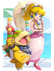 Rule 34 | 1boy, 1girl, absurdres, bandana, bare shoulders, black bandana, blonde hair, blue eyes, bowser jr., brooch, closed mouth, crown, earrings, food, gonzarez, high heels, highres, holding, holding food, holding ice cream, holding umbrella, ice cream, ice cream cone, jewelry, looking at another, mario (series), nintendo, official alternate costume, official alternate hairstyle, open mouth, parasol, pink footwear, pink lips, ponytail, princess peach, red hair, smile, sphere earrings, super mario sunshine, umbrella, walking