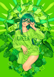 Rule 34 | 1girl, bug, caterpillar, english text, feet out of frame, flower, glasses, green-framed eyewear, green background, green eyes, green hair, green shirt, green theme, index finger raised, leaf, long sleeves, looking at viewer, minami (minami373916), open mouth, original, shirt, smile, solo, striped