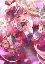 Rule 34 | 1girl, black bow, black collar, blue eyes, bow, breasts, brown bow, cleavage, collar, collarbone, detached collar, dress, drill hair, fate/grand order, fate (series), floral print, frilled hat, frilled sleeves, frills, gloves, grey hair, hat, highres, long hair, low neckline, marie antoinette (fate), medium breasts, open mouth, pink dress, pink gloves, red hat, rose print, solo, teeth, totomiya, upper teeth only, white bow