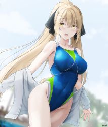 Rule 34 | 1girl, black ribbon, blonde hair, blue one-piece swimsuit, blush, borrowed character, breasts, brown eyes, collarbone, commission, competition swimsuit, covered navel, hair between eyes, hair ornament, hair ribbon, high ponytail, highleg, highleg swimsuit, highres, jacket, keenh, large breasts, long hair, looking at viewer, multicolored clothes, multicolored swimsuit, one-piece swimsuit, open mouth, original, ponytail, ribbon, satou mayumi (rc f), sideboob, smile, solo, swimsuit, wet, white jacket