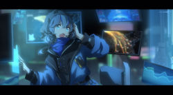 Rule 34 | 1girl, arknights, blue eyes, blue hair, blue jacket, blue shirt, blurry, blurry background, chinese commentary, commentary, dadijiji, earpiece, glaucus (arknights), hair between eyes, hand on own head, hologram, hood, jacket, letterboxed, long sleeves, medium hair, monitor, name tag, open mouth, shirt, solo, turtleneck, twintails, upper body