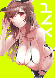 Rule 34 | 1girl, absurdres, animal ears, animal print, bare shoulders, bikini, blush, breasts, brown eyes, brown hair, cleavage, closed mouth, collarbone, cow ears, cow tail, cupless bikini, hanging breasts, highres, idolmaster, idolmaster shiny colors, large breasts, leaning forward, long hair, looking at viewer, nipples, q (ed69), smile, swept bangs, swimsuit, tail, thighhighs, thighs, tsukioka kogane, yellow background