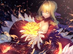 Rule 34 | 10s, 1girl, ahoge, blonde hair, blurry, blurry background, braid, breasts, center opening, cleavage, closed eyes, dress, epaulettes, fate/extella, fate/extra, fate (series), fire, flower, french braid, glowing, hair bun, hair intakes, hair ribbon, holding, holding flower, lace, lace-trimmed dress, lace trim, large breasts, light smile, long dress, long sleeves, matsuharu (lip-mil), nero claudius (fate), nero claudius (fate) (all), nero claudius (fate/extra), ribbon, rose, short hair with long locks, single hair bun, smile, solo, yellow flower, yellow rose