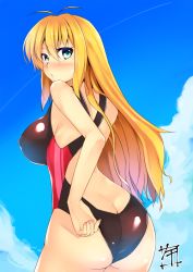 Rule 34 | 1girl, adjusting clothes, adjusting swimsuit, antenna hair, ass, back, blonde hair, blush, breasts, butt crack, competition swimsuit, covered erect nipples, day, from behind, green eyes, hair between eyes, large breasts, long hair, looking at viewer, looking back, minase nagi, nail polish, nose blush, one-piece swimsuit, outdoors, pink nails, sky, solo, swimsuit, tsurumaki maki, very long hair, voiceroid