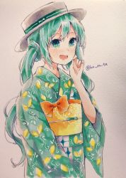 Rule 34 | 1girl, :d, absurdres, aqua eyes, aqua hair, bow, green kimono, haruta (user dndp3458), hat, hatsune miku, highres, japanese clothes, kimono, lemon print, long hair, long sleeves, looking at viewer, obi, open mouth, orange bow, sash, scratching cheek, smile, solo, traditional media, twintails, twitter username, upper body, vocaloid, white hat, wide sleeves