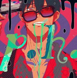 Rule 34 | 1boy, black hair, blood, blood on clothes, collarbone, collared shirt, grey shirt, gun to head, hand up, highres, jacket, looking at viewer, male focus, mouth hold, nicholas d. wolfwood, open mouth, p.h. (vocaloid), portrait, purple background, red eyes, shirt, solo, song name, sota cat, sunglasses, teeth hold, trigun, trigun stampede, uneven eyes, vial
