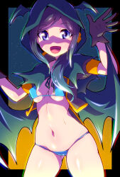Rule 34 | 1girl, bat wings, bikini, black capelet, black gloves, black hair, black jacket, blue bikini, blue eyes, breasts, capelet, commentary, cowboy shot, cropped jacket, english commentary, gloves, groin, halloween, halloween costume, healin&#039; good precure, highres, hood, hood up, hooded capelet, jacket, long hair, looking at viewer, low wings, lowleg, lowleg bikini, mixed-language commentary, navel, open mouth, precure, puffy short sleeves, puffy sleeves, ryuuta (cure ryuuta), sawaizumi chiyu, short sleeves, small breasts, smile, solo, standing, swimsuit, wings