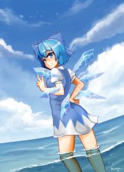 Rule 34 | 1girl, absurdres, artist name, ass, blue bow, blue eyes, blue hair, blue sky, bow, castyx, cirno, cloud, day, dress, hair bow, highres, ice, ice wings, outdoors, short hair, short sleeves, sky, smile, solo, standing, touhou, v, water, wings