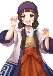 Rule 34 | 10s, 1girl, :d, amayadori machi, blunt bangs, blush, bow, brown eyes, brown hair, claw (weapon), claw pose, cowboy shot, eyebrows, hair bow, hakama, hakama skirt, headband, highres, jacket, japanese clothes, jewelry, konkito, kumamiko, long hair, long sleeves, looking at viewer, low twintails, miko, mirror, necklace, nontraditional miko, open clothes, open jacket, open mouth, red bow, red hakama, red skirt, round teeth, skirt, smile, solo, teeth, twintails, weapon, white bow, white jacket