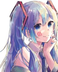 Rule 34 | 1girl, blue eyes, blue hair, blue nails, blue necktie, collared shirt, copyright name, detached sleeves, facial tattoo, grey shirt, haruta (user dndp3458), hatsune miku, head rest, highres, long hair, looking at viewer, nail polish, necktie, shirt, simple background, smile, solo, tattoo, twintails, twitter username, upper body, vocaloid, white background