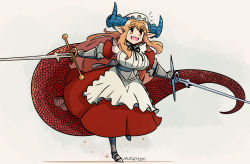 Rule 34 | 1girl, absurdres, apron, armor, armored boots, armored dress, blonde hair, blue horns, boots, breasts, commentary, cuirass, dragon girl, dragon horns, dragon maid (murgoten), dragon tail, dress, dual wielding, english commentary, full body, gauntlets, hat, highres, holding, holding sword, holding weapon, horns, large breasts, long hair, maid, maid apron, mob cap, murgoten, original, pointy ears, red dress, red tail, running, solo, sword, tail, very long tail, weapon, white apron, zweihander