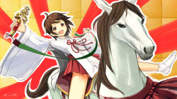 Rule 34 | 10s, 1girl, 2014, bad id, bad pixiv id, bell, brown eyes, brown hair, commentary request, dated, gohei, had (had314), hakama, hakama skirt, highres, horse, japanese clothes, jingle bell, kagura suzu, looking at viewer, macedonian flag, mane, miko, no panties, open mouth, original, outstretched arms, red hakama, ribbon, riding, saddle, short hair, sketch, skirt, spread arms, spread legs, sunburst, tabi, wand, wide sleeves