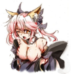 Rule 34 | 10s, 1girl, animal ears, bell, neck bell, blood, bow, breasts, cleavage, collar, detached sleeves, fate/extra, fate (series), fox ears, hair bow, hair ribbon, injury, japanese clothes, one eye closed, open mouth, pink hair, ribbon, simple background, solo, suga leon, tamamo no mae (fate/extra), type-moon, white background, yellow eyes