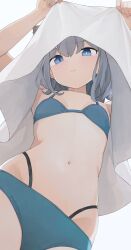 Rule 34 | 1girl, animal ears, bikini, blue archive, blue bikini, blue eyes, blush, breasts, closed mouth, clothes lift, collarbone, from below, grey background, grey hair, highres, hiroki (yyqw7151), lifting own clothes, looking at viewer, navel, shiroko (blue archive), shirt, shirt lift, short hair, simple background, small breasts, solo, stomach, swimsuit, upshirt, white shirt