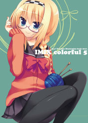 1girl black_pantyhose blonde_hair braid cardigan female_focus glasses hairband ikushima_saya onidere original pantyhose sazaki_ichiri school_uniform serafuku single_braid skirt solo