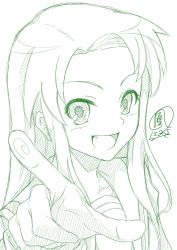 Rule 34 | 1girl, artist request, blush, face, fang, forehead, hand gesture, highres, long hair, looking at viewer, looking up, monochrome, nose, open mouth, pointing, school uniform, serafuku, smile, solo, suzumiya haruhi no yuuutsu, tsuruya, very long hair