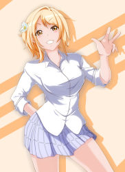 Rule 34 | 1girl, blonde hair, blush, breasts, contrapposto, flower, graphite (medium), hair flower, hair ornament, hand on own hip, highres, infinite moppy, large breasts, looking at viewer, love live!, love live! nijigasaki high school idol club, love live! school idol project, miyashita ai, short hair, smile, solo, traditional media, yellow background, yellow eyes
