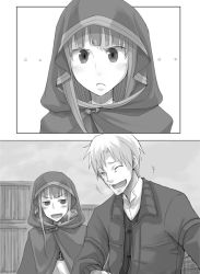 Rule 34 | 1boy, 1girl, ayakura juu, blush, bruise, bruise on face, cape, craft lawrence, dress shirt, closed eyes, fang, greyscale, holo, hood, hooded, injury, jacket, laughing, long hair, monochrome, novel illustration, official art, open mouth, shirt, smile, spice and wolf, upper body
