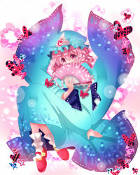 Rule 34 | 1girl, bug, butterfly, covered mouth, covering own mouth, folding fan, hand fan, hat, insect, japanese clothes, kimono, md5 mismatch, nagare, pink eyes, pink hair, resolution mismatch, saigyouji yuyuko, sash, solo, source smaller, touhou, triangular headpiece, wide sleeves
