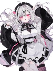 Rule 34 | 1girl, absurdres, ahoge, apron, arms up, black dress, black hair, black headwear, black jacket, black nails, blush, breasts, chest harness, dog hair ornament, dress, garter straps, hair ornament, harness, highres, jacket, lying, maid headdress, medium breasts, multicolored hair, nail polish, name tag, on back, original, parted lips, pink eyes, simple background, solo, streaked hair, thighhighs, two side up, unzipped, virtual youtuber, wabun, white apron, white background, white hair, white thighhighs