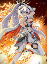 Rule 34 | 1girl, absurdres, armored boots, black panties, blue eyes, boots, cape, commentary, detached sleeves, english commentary, fighting stance, fire, gauntlets, greatsword, hair between eyes, hair ornament, highres, holding, holding sword, holding weapon, honkai (series), honkai impact 3rd, kiana kaslana, kiana kaslana (herrscher of flamescion), long hair, looking at viewer, panties, pantyshot, parted lips, ponytail, ryunato al fazh, sidelocks, signature, solo, standing, standing on one leg, sword, underwear, v-shaped eyebrows, weapon, white hair