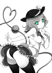Rule 34 | 1girl, ass, green eyes, greyscale, hat, hat ribbon, heart, heart-shaped pupils, heart of string, highres, komeiji koishi, looking at viewer, monochrome, pointing, pointing at self, raptor7, ribbon, shirt, skirt, sleeveless, sleeveless shirt, solo, spot color, symbol-shaped pupils, thighhighs, third eye, touhou