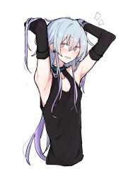 Rule 34 | 1boy, arknights, arm warmers, armpits, arms up, azuma shino, black collar, black shirt, blue hair, blush, cleavage cutout, clothing cutout, collar, commentary request, cropped torso, gradient hair, grin, hair between eyes, hands in own hair, highres, infection monitor (arknights), long hair, looking at viewer, male focus, mizuki (arknights), multicolored hair, notice lines, pink eyes, purple hair, shirt, simple background, sleeveless, sleeveless shirt, smile, solo, trap, upper body, very long hair, white background