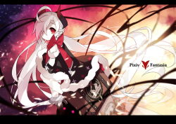 Rule 34 | 1girl, copyright name, demon girl, gradient background, horns, letterboxed, long hair, looking at viewer, monster, pixiv fantasia, pixiv fantasia t, pointy ears, red eyes, red rulu (saru), rulu (saru), saru, solo, very long hair, white hair