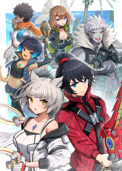 Rule 34 | 3boys, 3girls, :d, absurdres, animal ears, back-to-back, black hair, blue eyes, breasts, brown eyes, cat ears, chakram, chest jewel, cleavage, colored skin, cracking knuckles, crop top, eunie (xenoblade), gloves, glowing lines, gonzarez, grey hair, grey skin, head wings, highres, lanz (xenoblade), large breasts, leaning forward, looking at viewer, mio (xenoblade), multiple boys, multiple girls, noah (xenoblade), open mouth, ponytail, red eyes, sena (xenoblade), short hair, smile, sword, taion (xenoblade), weapon, wings, xenoblade chronicles (series), xenoblade chronicles 3, yellow eyes