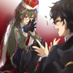 Rule 34 | 10s, 2boys, akechi gorou, amamiya ren, black gloves, black hair, blush, brown hair, cape, clapping, coat, crown, glasses, gloves, male focus, multiple boys, necktie, nobu (nobu game), own hands together, persona, persona 5, red background, short hair, simple background, streamers, striped necktie, striped neckwear