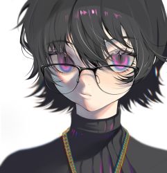 Rule 34 | 1girl, black-framed eyewear, black hair, black sweater, blue eyes, chain, closed mouth, eyelashes, feitian5575, frown, glasses, hair between eyes, highres, hunter x hunter, jewelry, looking at viewer, multicolored eyes, necklace, portrait, purple eyes, shizuku murasaki, short hair, simple background, solo, sweater, turtleneck, turtleneck sweater, white background