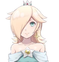 Rule 34 | bare shoulders, blonde hair, blue dress, blue eyes, brooch, closed mouth, commentary, crown, dress, earrings, hair over one eye, haniwa (8241427), jewelry, long hair, looking at viewer, mario (series), nintendo, off-shoulder dress, off shoulder, rosalina, smile, star (symbol), star brooch, star earrings, super mario galaxy, upper body, white background