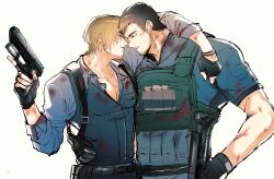 Rule 34 | 05 (link83601636), 2boys, alternate muscle size, arm around neck, bara, beard stubble, blood, blood on face, chris redfield, closed eyes, couple, cowboy shot, cuts, facial hair, forehead-to-forehead, gun, happy, heads together, highres, holding, holding gun, holding weapon, injury, leon s. kennedy, light smile, male focus, mature male, multiple boys, mustache stubble, pectoral cleavage, pectorals, resident evil, resident evil 6, short hair, stubble, thick eyebrows, weapon, wing shooter, yaoi