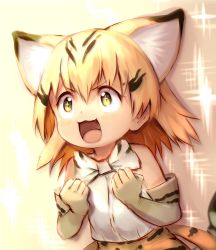 Rule 34 | &gt;:3, &gt;:d, + +, 10s, 1girl, :3, :d, absurdres, animal ears, awestruck, bare shoulders, blonde hair, blouse, bow, bowtie, cat ears, clenched hands, commentary, derivative work, elbow gloves, gloves, highres, kemono friends, open mouth, sand cat (kemono friends), shirt, short hair, sleeveless, sleeveless shirt, smile, solo, sparkle, star-shaped pupils, star (symbol), sukemyon, symbol-shaped pupils, upper body, v-shaped eyebrows, white shirt, yellow eyes