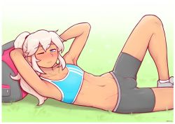Rule 34 | 1boy, armpits, arms behind head, belly, bike shorts, blonde hair, blue eyes, blue sports bra, blush, bulge, cody (dross), dross, eyebrows, grass, half-closed eye, long hair, looking at viewer, male focus, midriff, navel, one eye closed, original, outdoors, ponytail, shoes, solo, sports bra, stomach, trap